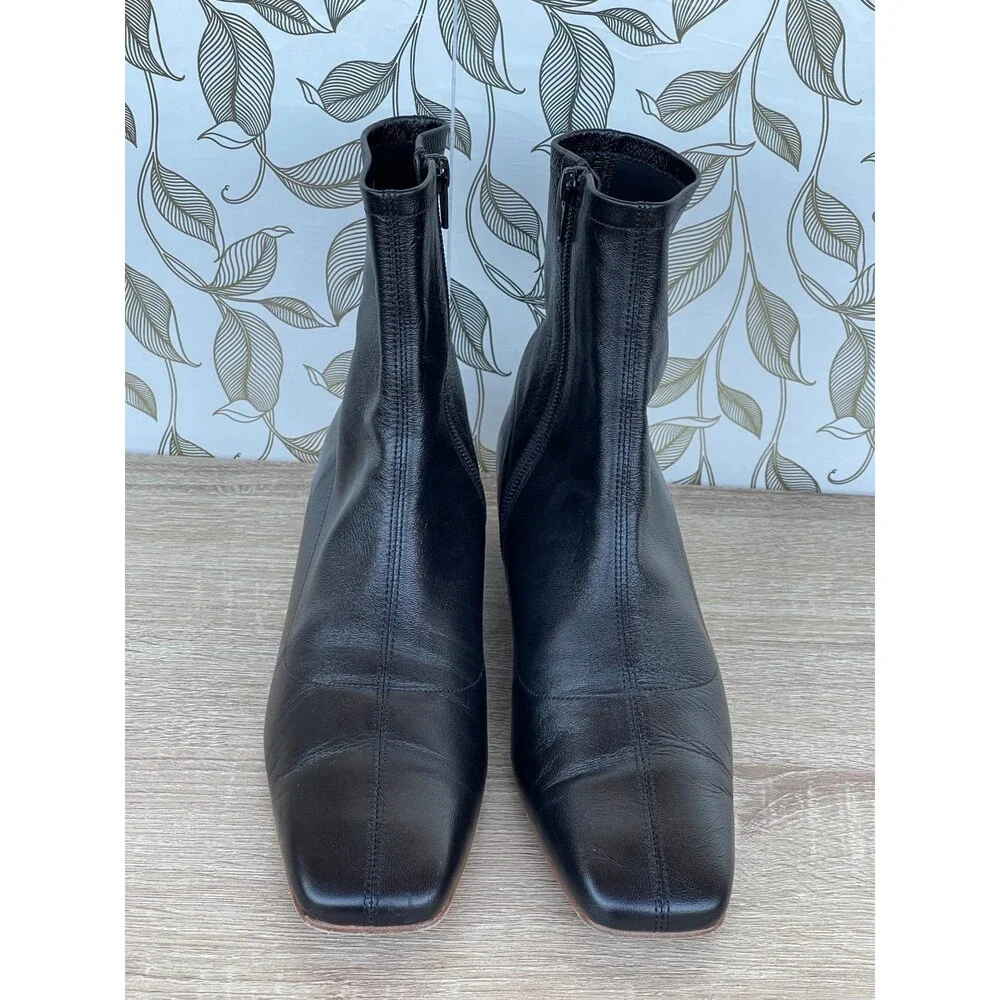 BY FAR Black Leather Boots 39 Minimalist Low Heel Square Toe Zip Ankle Boot